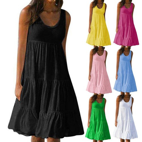 Damen Ärmellos Minikleid Sommerkleid A-Line Urlaub Freizeitkleid Strandkleid>| - Bild 5 von 19