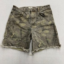 Cotton On Super Baggy Jort Mens 34 Camo Leaf Print Raw Hem Denim Shorts Green