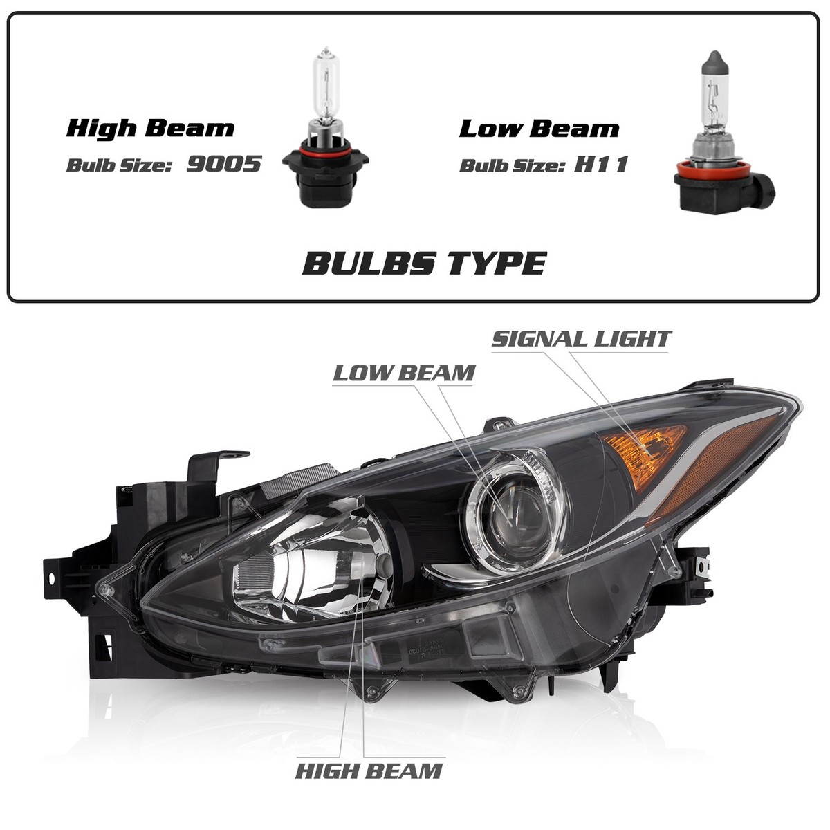 For 2014-2016 Mazda 3 Projector Black Halogen Driver Side