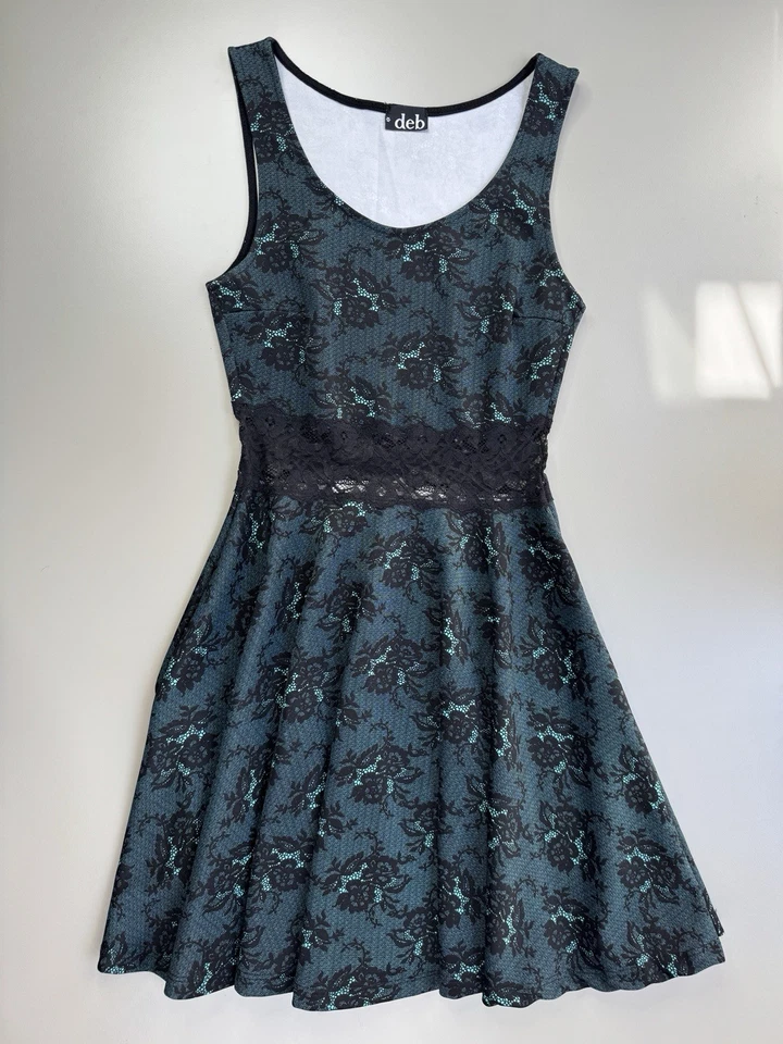 VTG Y2K Deb Womens Stretch Dress Small Green Black Lace Whimsigoth Mall Goth - Imagem 3 de 4