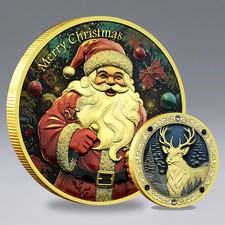 Merry Christmas Santa  Reindeer Gold Plated Coin Souvenir Gift Holiday Decor