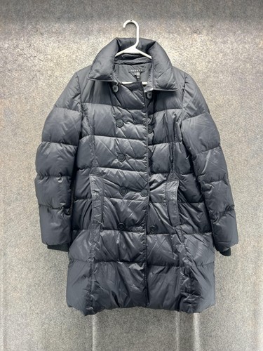 Theory Puffer Coat Womens Medium Black Quilted Double Breasted Mid Length