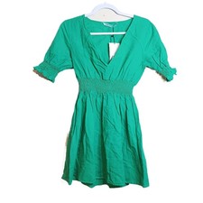 Zara Mini Dress Womens S Green Linen Blend Short Sleeve Smocked Waist Casual NWT