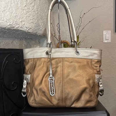 B. Makowsky Two-Tone Bronze Platinum Metallic Leather Tote Leopard Print Lining