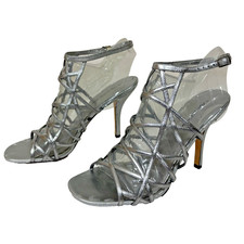 Via Spiga Liv Sandal Silver Steel High Heel Ankle Strap Caged Size 7.5 Open Toe
