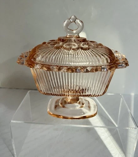 VTG Indiana Depression Glass Pink Ribbed Lid Pedestal Candy Dish w/Lace Edge