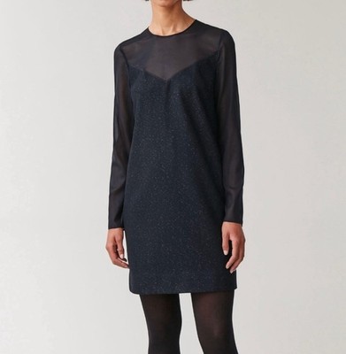 COS Black Shift Dress Sheer Long Sleeve Round Neck Sz 8 Wool Versatile Capsule 