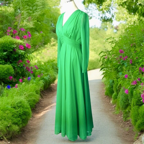 Vtg 70s Mike Benet Formals Gown Womens 14 Fairy Green Chiffon Sheer Sleeve Dress