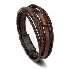 Men Jewelry Black Braided Leather Bracelet Multi-Layer Stainless Steel Clasp US