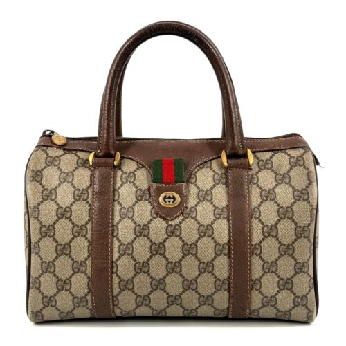 Vintage GUCCI Small Boston Hand Bag Sherry Line GG PVC Leather Authentic