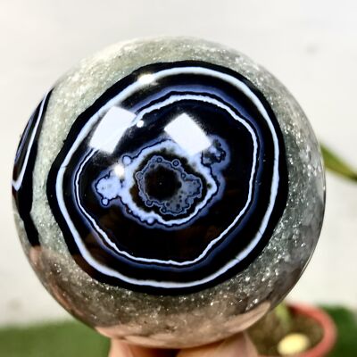 377G Natural black striped agate ball, quartz body healing