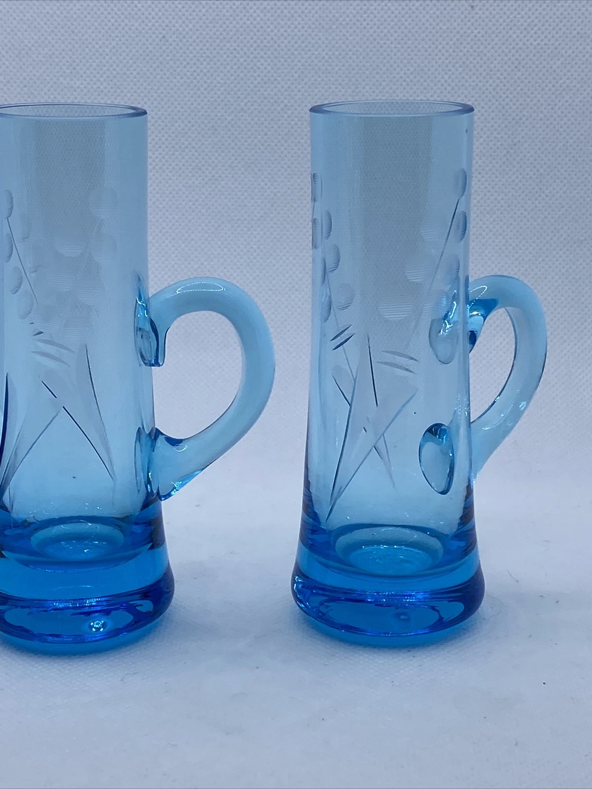 Vintage Set (2) Barware Etched Cordial Shot Glasses Handles Aqua Blue 4 3 4”