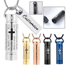Cross Prayer Print Cylinder Hollow Urn Pendant Necklace for Cremation Ashes Gift
