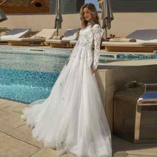 High Neck Tulle Wedding Dress Long Sleeve Appliques Buttons Back Bridal Gowns US