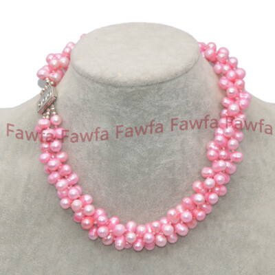 Rare 3 Rows 7-9mm Pink Oval Side Hole Freshwater Baroque Pearl Jewelry Necklace