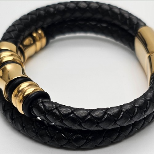 Pulsera de Cuero Trenzada Pulsera - 2 Correas - Oro Detalles - Negro - Imagen 7 de 8