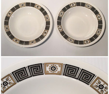 WEDGWOOD BLACK ASIA SOUP BOWLS Rimmed Black Greek Key Gold Color EUC 8" LOT OF 2
