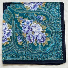 VTG Handkerchief Cotton Turquoise Paisley Damask  Purple Rose Pocket Square 18"