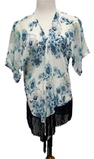 Cejon womens Kimono top Cream White Blue flowers OSFM