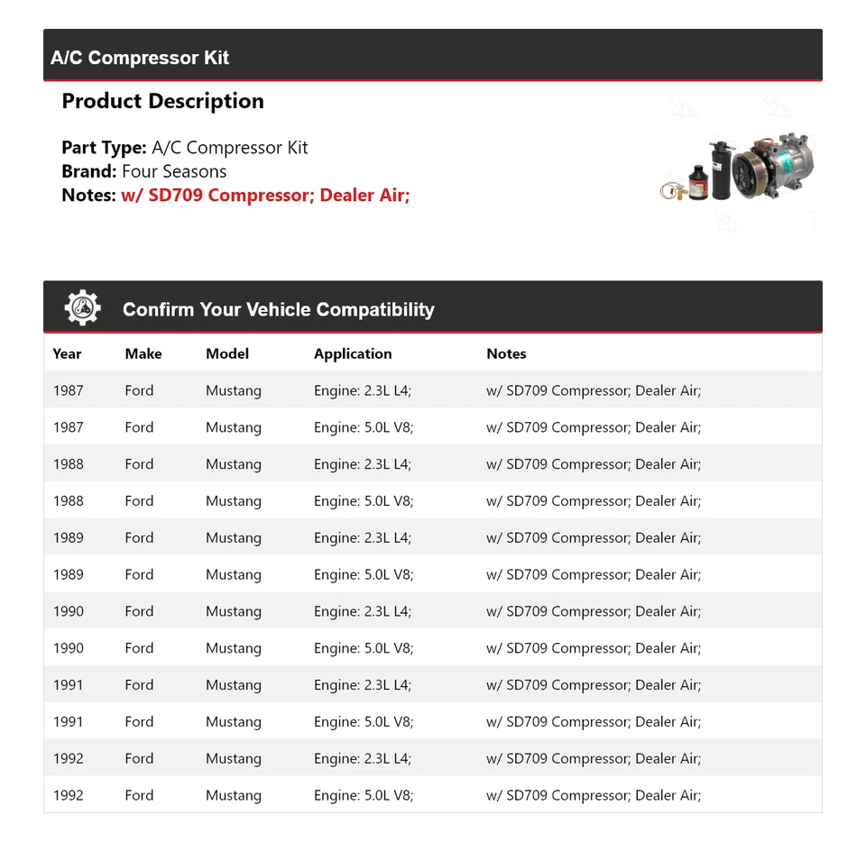 Kit de compressor A/C Ford Mustang 1987-1992 4 estações 1988 1989 1990 1991 - Imagem 2 de 4