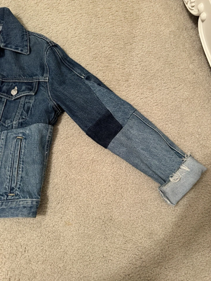 Jaqueta jeans Helmut Lang vintage azul patchwork - Imagem 2 de 4