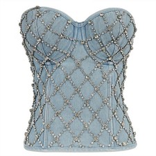 Rhinestone strapless denim corset. 75 cotton denim. Lace-up back, side zipper.