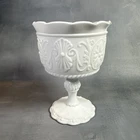 VTG White Milk Glass Pedestal Compote Candy Dish With Scalloped Edges 6.5”