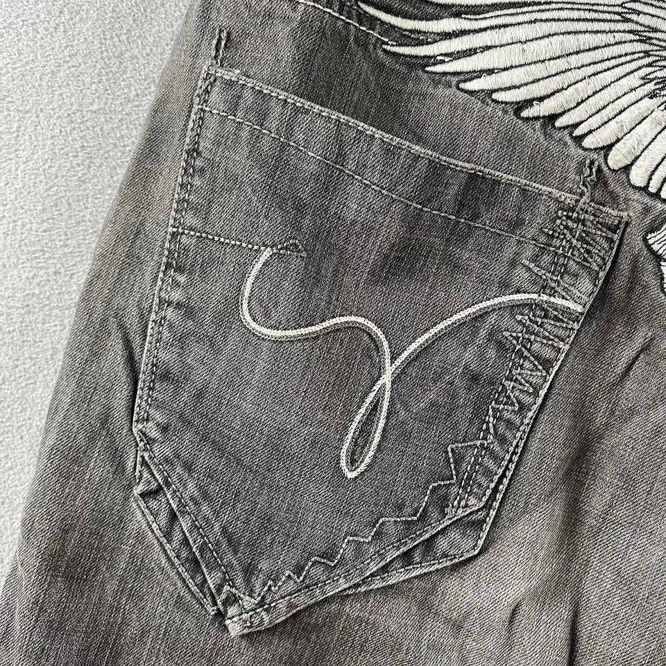 Pantalones Cortos Ecko Para Hombres 40 Gris Sueltos Denim Pantalones Cortos Y2K Bordados Calavera Alas De Colección Jnco Foto 2 de 4