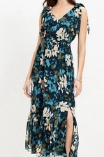 LOFT Floral Tie Strap Tiered Maxi Dress    SZ  10 Teal Blue V-Neck Boho Sundress