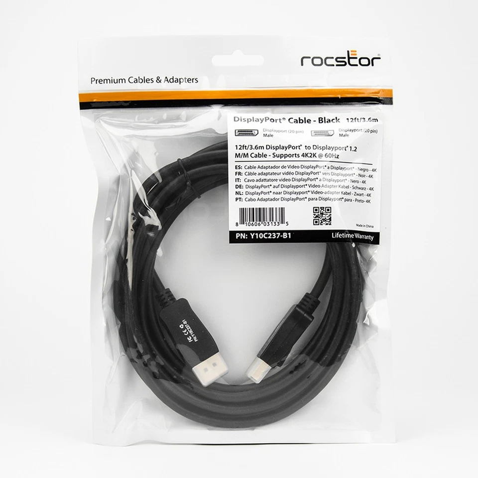 Rocstor Y10C237-B1 Cb 12Ft Displayport 1.2 Cable M 4K2K 3840X2160 60Hz Res - Image 2 of 4