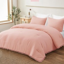 Boho Pom Pom Ball Fringe King Size Comforter Set, 3 Piece Bright Pink Lightwe...