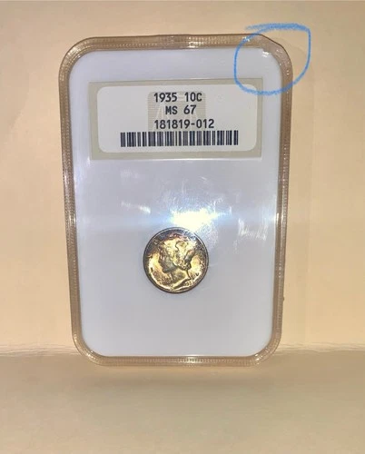 1935 Mercury Dime PCGS MS 67 coin Toned box edge cracked