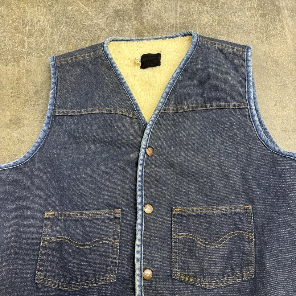 1970s Vintage Sears Roebucks Sherpa Lined Denim Vest Snap Closure Large Tall - Image 3 of 4