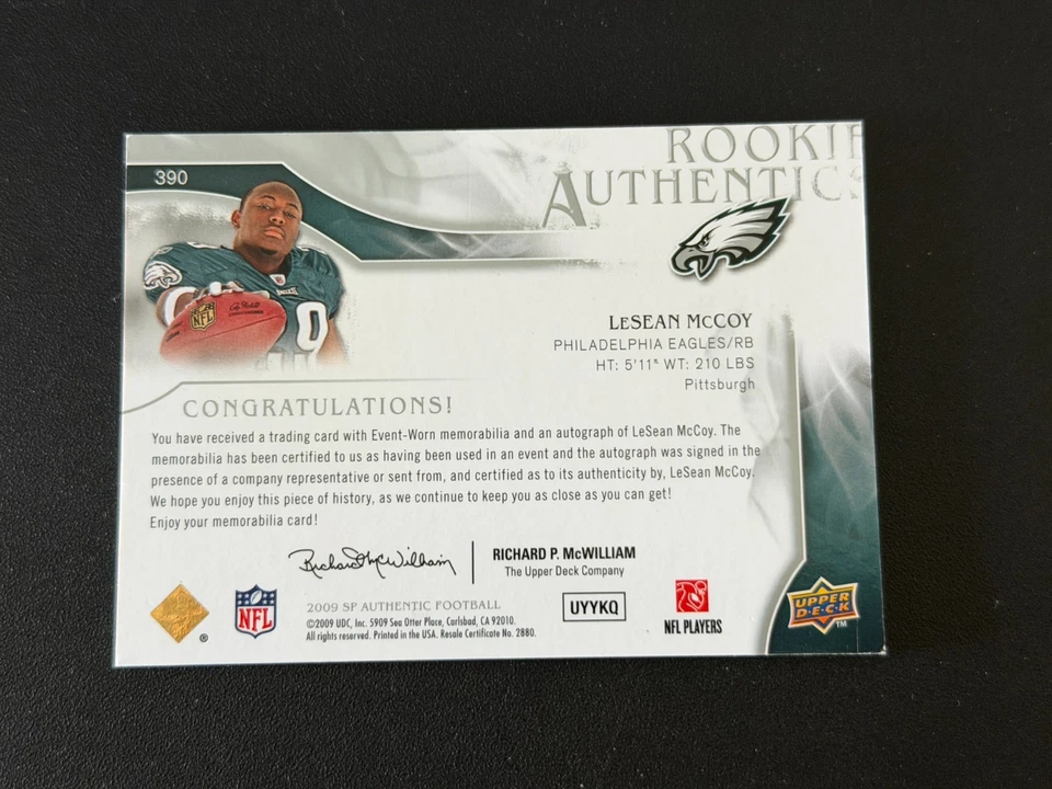 2009 SP Authentic LeSean McCoy RC Rookie Patch Auto Autograph On Card Eagles - Image 2 of 2