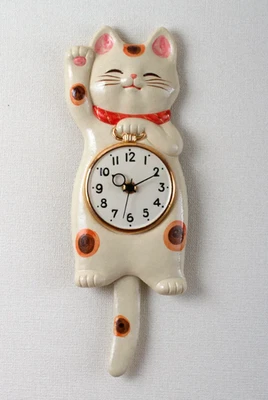 CRAFT YUU-KI Lucky Cat Manekineko Japanese Pair Pendulum Wall Clock Pottery SETO Fast Shiping