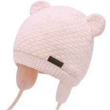 Baby Bear Pink Knit Earflap Cotton Lined Toddler Winter Hat 0-6 Months