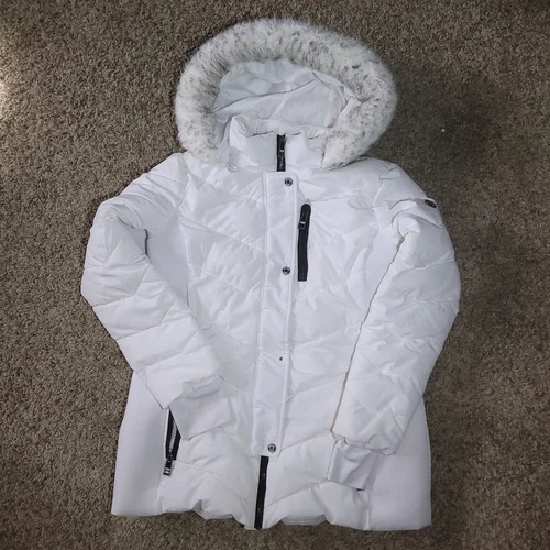 Giacca cappotto con cappuccio Michael Kors puffer pelliccia orlo bianco medio
