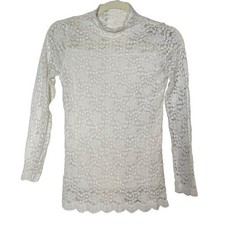Womens Ivory Lace Overlay Mock Neck Long Sleeve Slim Fit Pullover Blouse Size S
