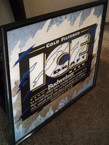 Vintage BUDWEISER ICE DRAFT Beer Bar  Advertising Mirror Sign - 1993 - 21.5 x 25