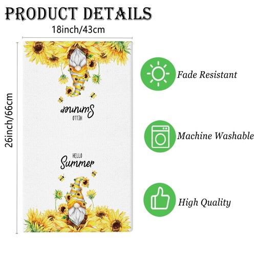 Hello Summer Kitchen Towels Set of 2 Gnome Sunflowers Stripe Dish Towels Hand... - Picture 2 of 6