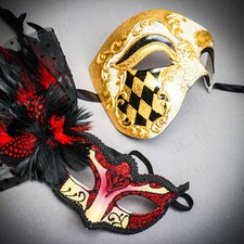 Venetian Phantom Half Face  RED Glitter Peacock Black Feather Eye Couple Mask