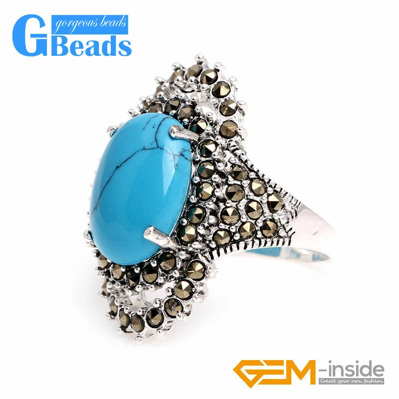 Anillo de marcaita de plata tibetana cuentas de piedra ovaladas de 12x16 mm arenisca azul encanto regalo Foto 2 de 4
