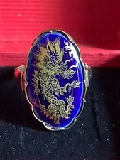 Ring 585 Gold Meissen Porzellan  Mingdrache in Gold Kobaltblau 1. Wahl