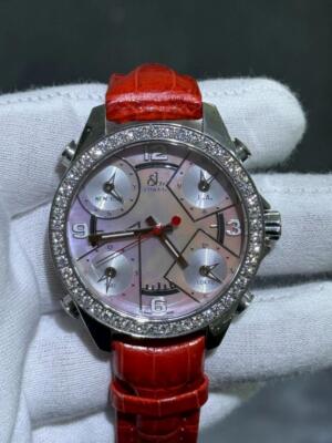 JACOB & Co. Natural Diamond Bezel 5 Time Zone Red Leather Strap