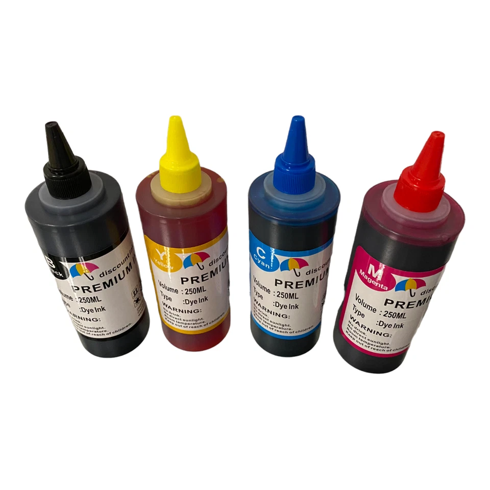 Kit de recarga de tinta 4 frascos 250ml para HP 21 22 27 28 56 57 74 75 60 60XL 61XL - Imagem 2 de 3