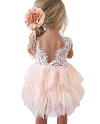 Toddler Girls Baby Girl Lace Back Tiered Tutu Tulle Flower Girl Dress Pink Dr...