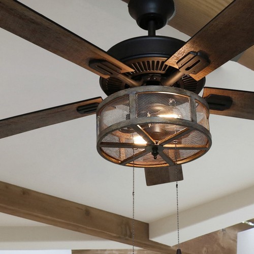52in 5-Blade Woodgrain Caged Farmhouse 