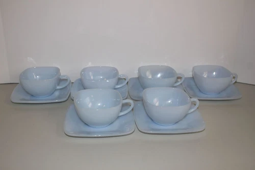6 VINTAGE ANCHOR HOCKING FIRE KING AZURITE BLUE CHARM GLASS CUP & SAUCER SETS