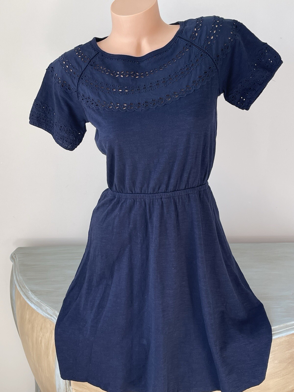 Talbots T Shirt Dress Women Navy Petite S Small Slub Knit Stretch Waist Defined