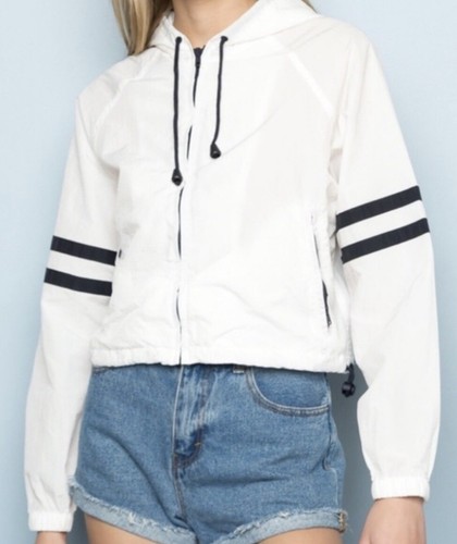 BRANDY MELVILLE White Cropped Zip-up Windbreaker With Navy Striped Sleeves - Picture 4 of 10